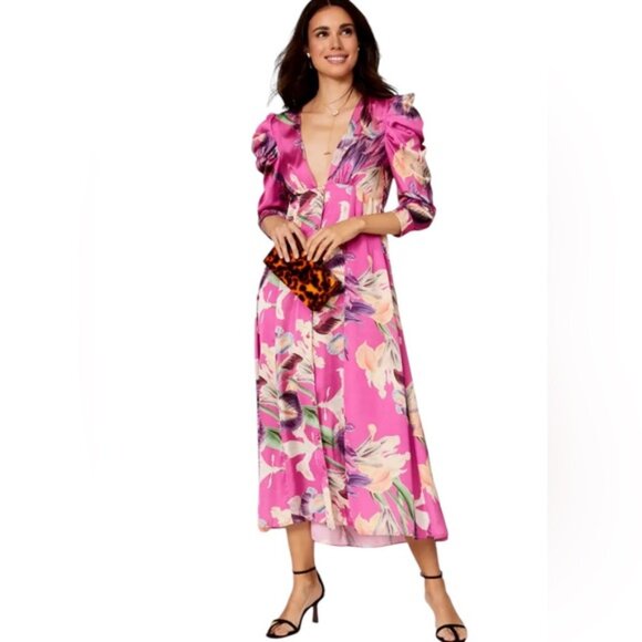 PatBo Grace Satin Floral Puff-Sleeve Midi Dress Pink Womens Size 6 Button Front - Picture 2 of 13